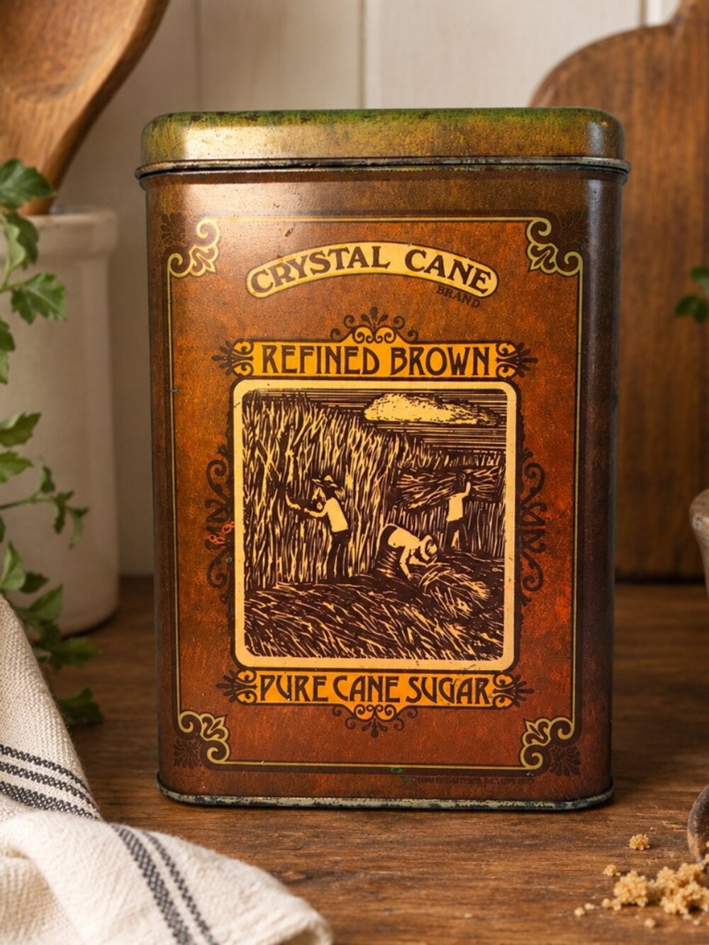 Vintage CHEINCO Crystal Cane Sugar Tin Canister 1970s Brown Pure Cane Sugar